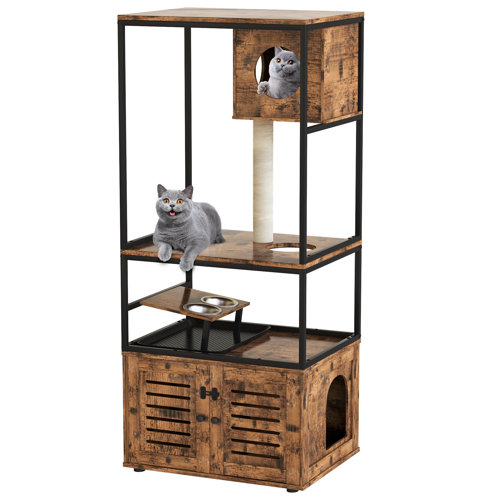 Tucker Murphy Pet™ Rustic Cat Litter Box Enclosure With Cat Tree Tower